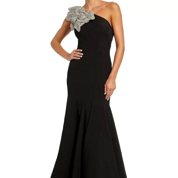Mac Duggal Black Crystal Flower One-Shoulder Trumpet Gown